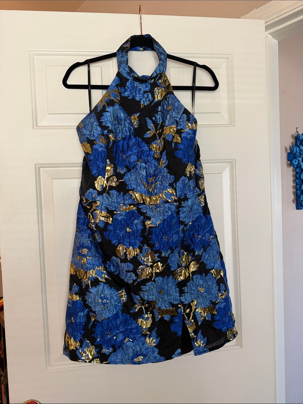 Lulu's Blue & Gold Floral Halter Mini Dress